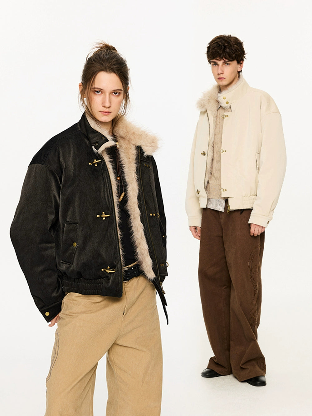 KREATE Harrington-Style PU Leather Jacket with Long Fur Collar-Ivory-S-Free Shipping Leatheretro