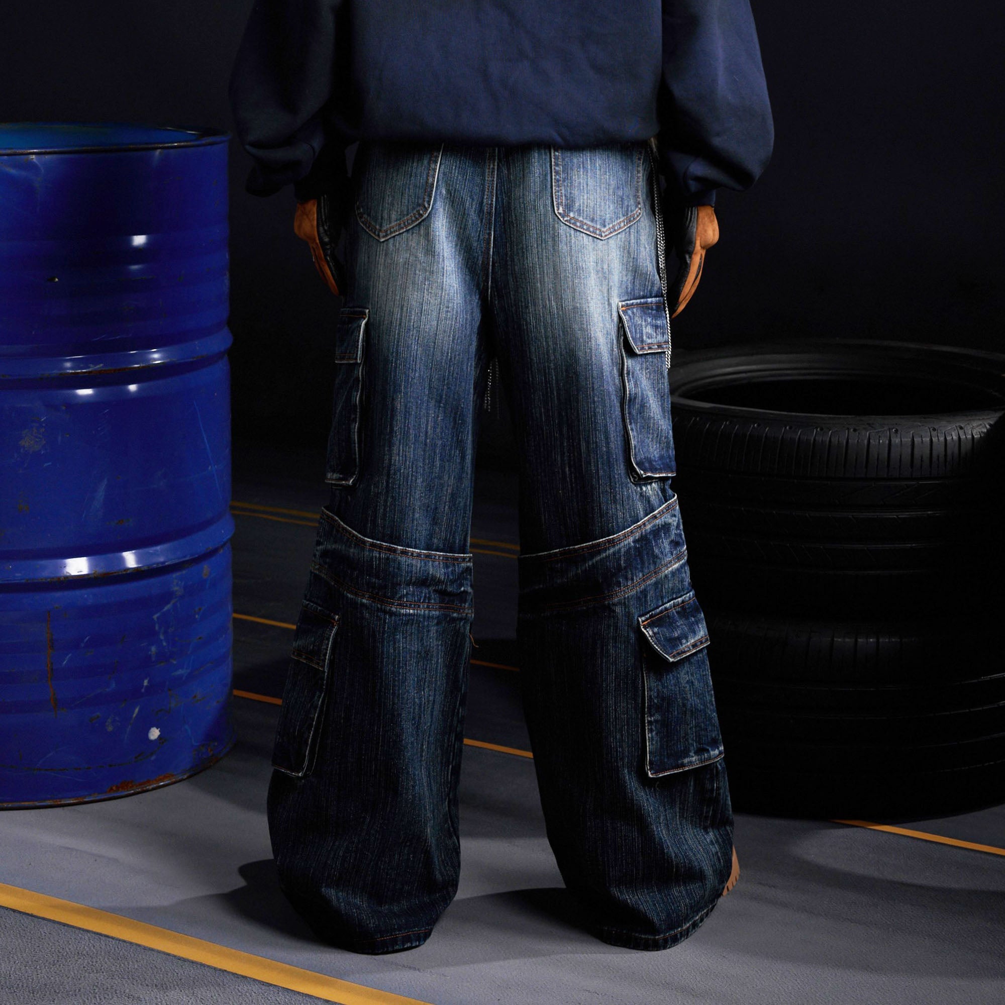 RECOVER ZONE Multi-Pocket Wide-Leg Utility Jeans-Jeans-S (Preorder)-Blue-Free Shipping Leatheretro