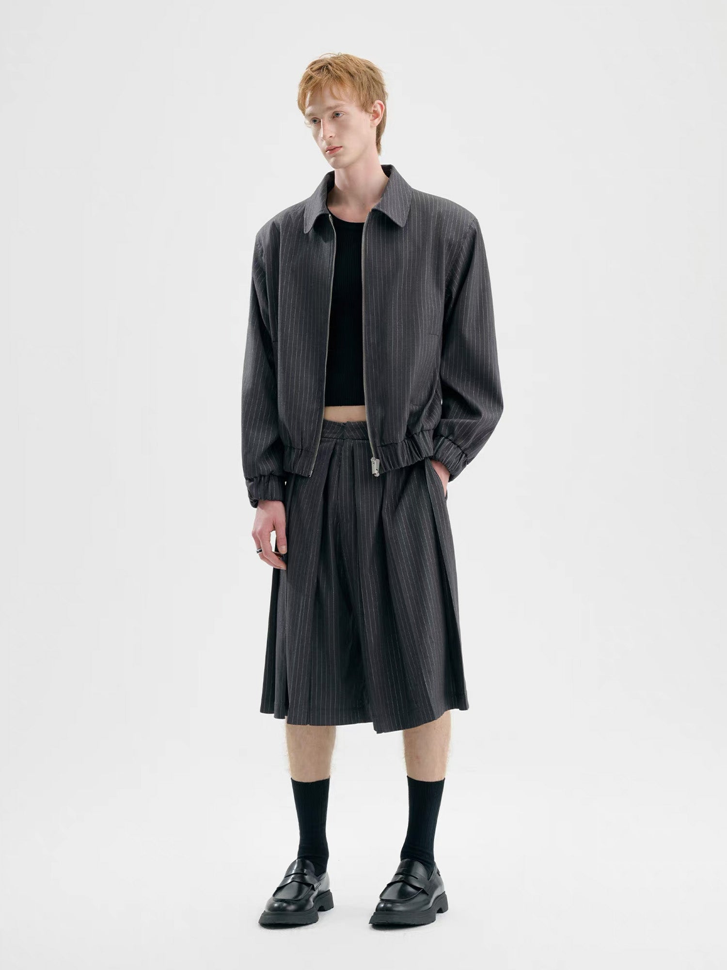 TIWILLTANG Pleated Pinstripe Skirt Shorts-Shorts-S-Black-Free Shipping Leatheretro