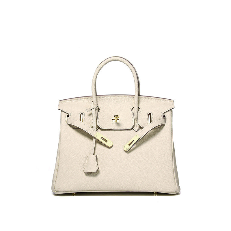 Luxury Genuine Top Grain Pebbled Leather Women's Handbag with Lock Closure-Handbags-elephant gray-35CM-Free Shipping Leatheretro