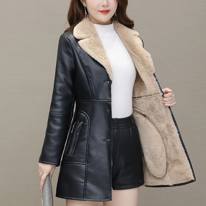 Women's PU Leather Jacket-Khaki-L-Free Shipping Leatheretro
