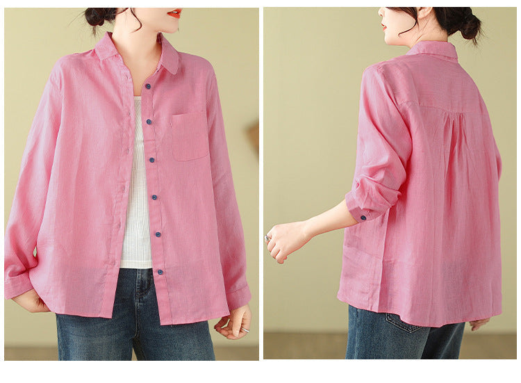 Casual Turnover Collar Linen Long Sleeves Shirts-Shirts & Tops-Pink-M-Free Shipping Leatheretro