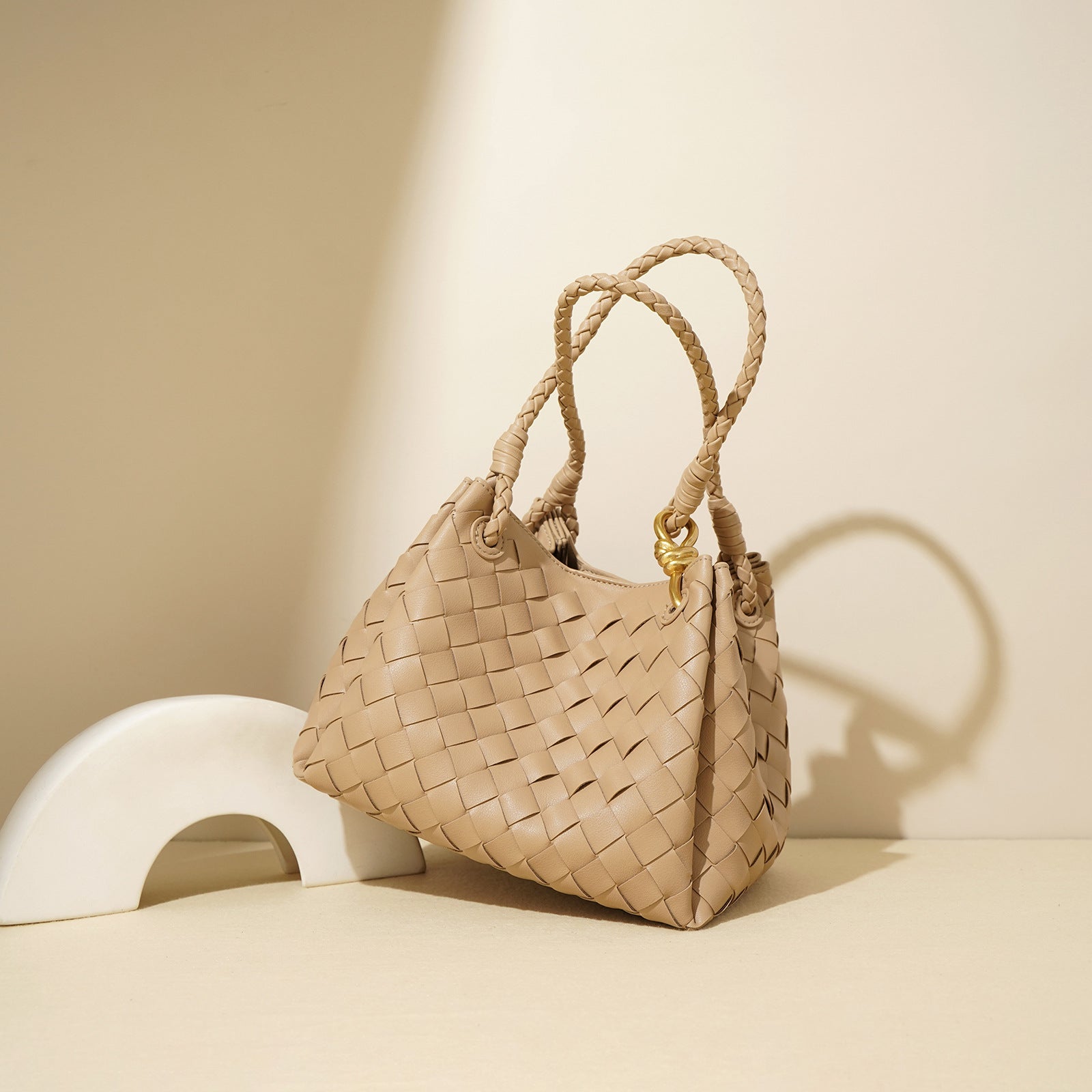 Niche Design New Retro Metal Buckle Woven Tote Bag-Handbags-Apricot-Free Shipping Leatheretro