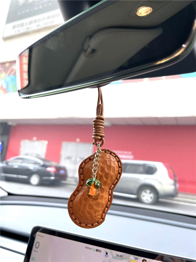 Handmade Genuine Leather Peanut Design Car Rearview Mirror Keychain-Chains-Brown-Free Shipping Leatheretro