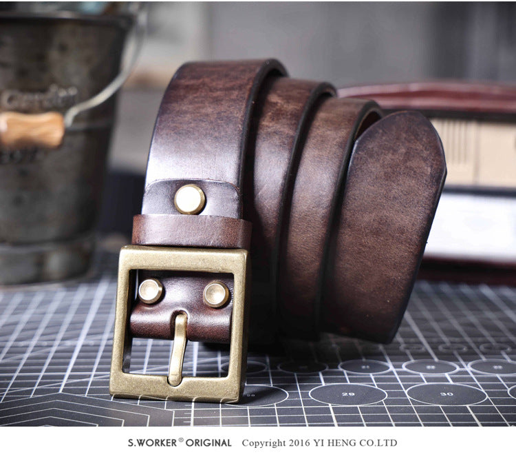 Vintage Men's Genuine Leather Belt Handmade Needle Buckle with Pure Copper Buckle Belt-Leather Belt-Dark Coffee-105cm-Free Shipping Leatheretro