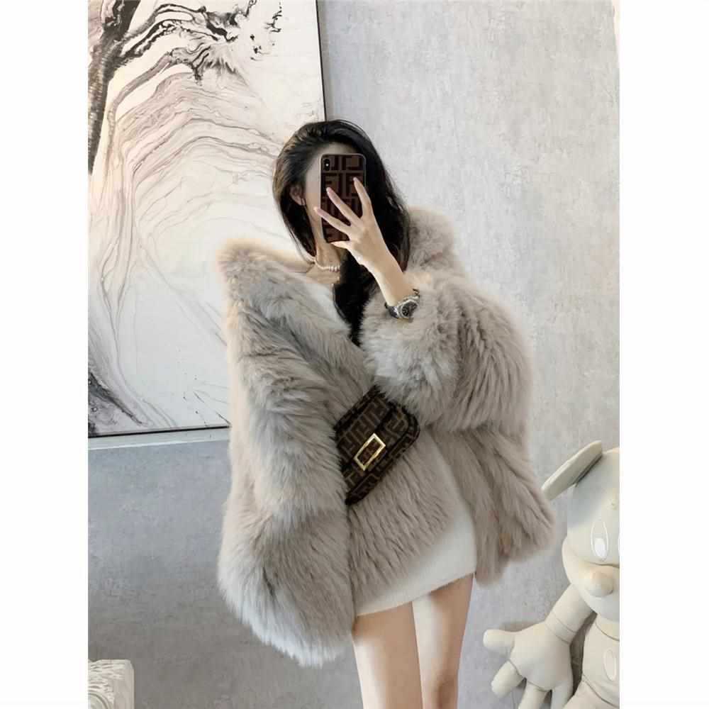 Casual Faux Fox Fur Overcoats for Women-Outerwear-Gray-S-Free Shipping Leatheretro