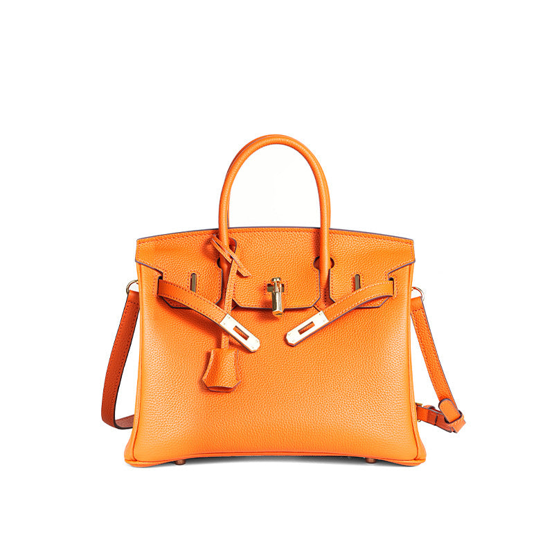 Luxury Genuine Top Grain Pebbled Leather Women's Handbag with Lock Closure-Handbags-elephant gray-35CM-Free Shipping Leatheretro