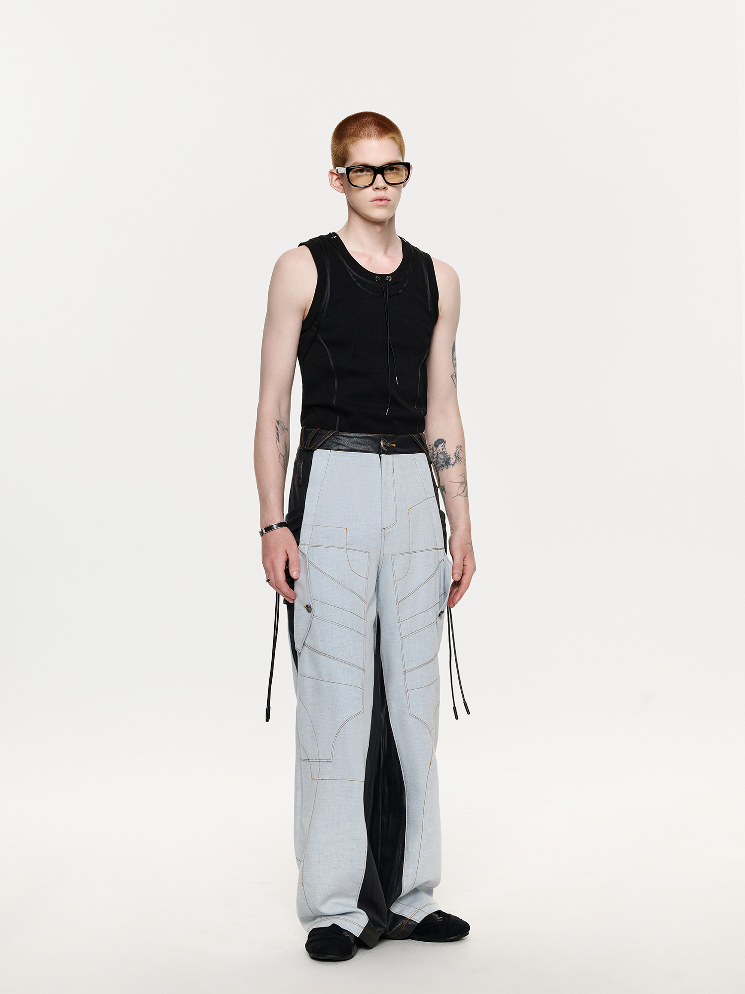 TIWILLTANG Contrast Stitch Paneled Wide-Leg Pants-Pants-S / 28-31”-Blue-Free Shipping Leatheretro