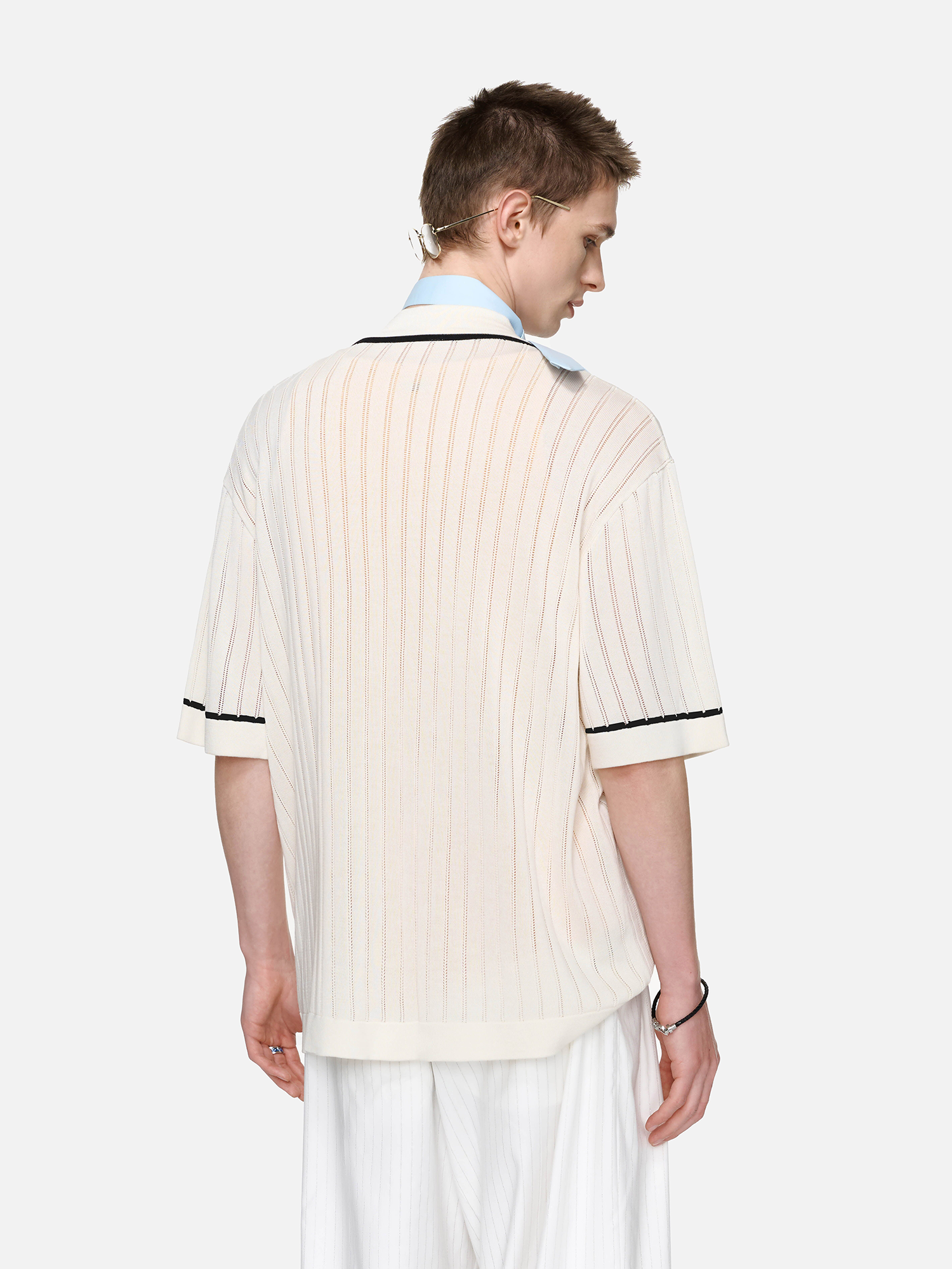 TIWILLTANG Openwork Contrast Trim Zip-Neck Knitted T Shirt-T Shirt-S-Free Shipping Leatheretro