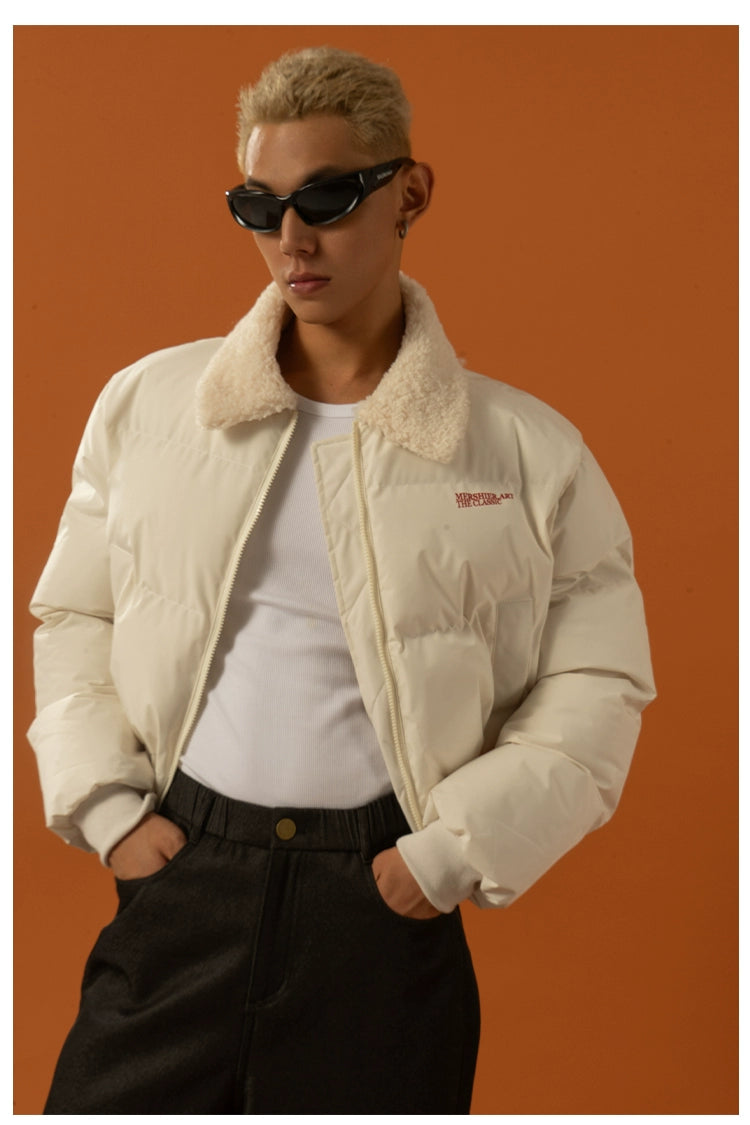 CLP Unisex Short Puffy Jacket with Sherpa Collar-Blue-S-Free Shipping Leatheretro