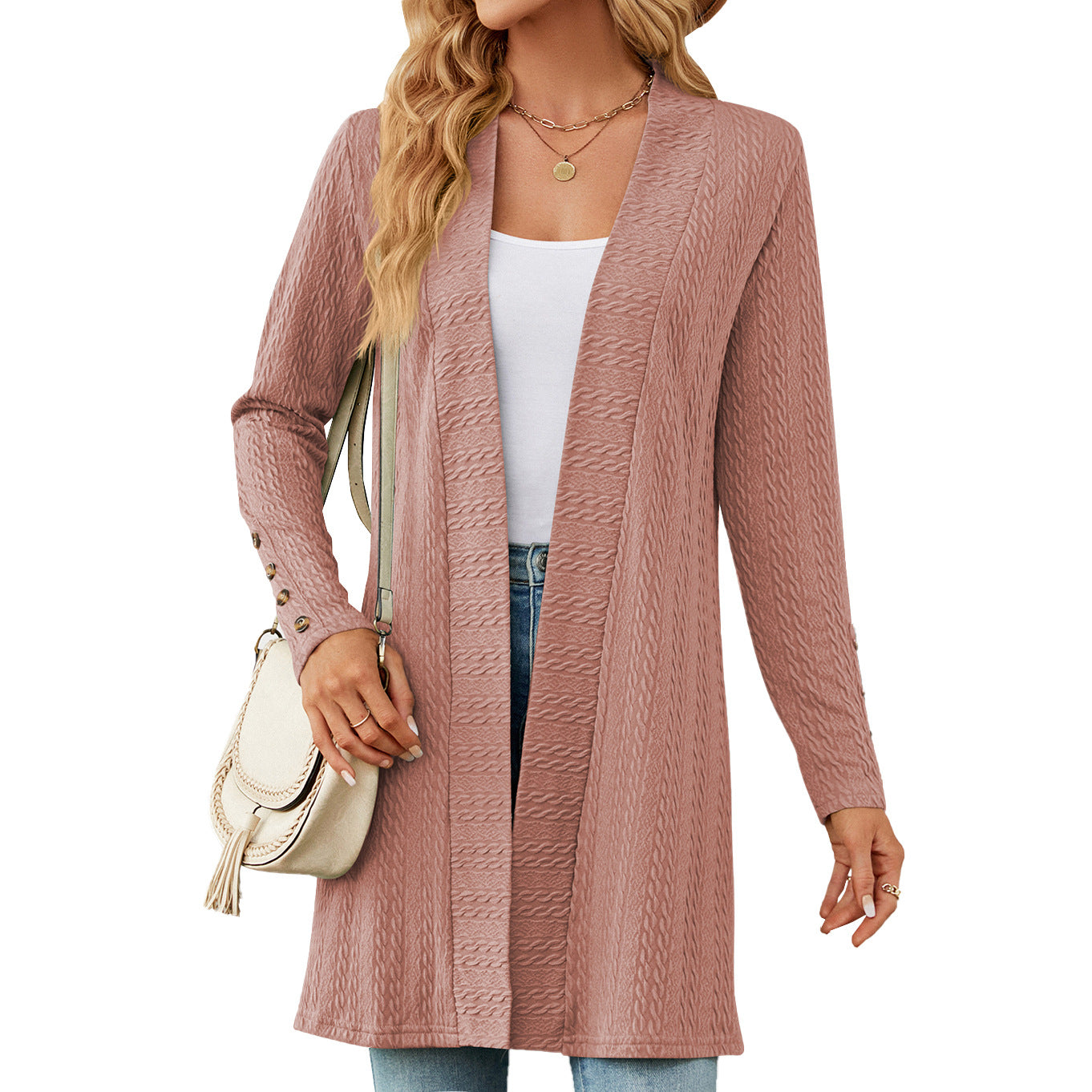 Casual Women Long Sleeves Knitted Cardigans-Sweater&Hoodies-Pink-S-Free Shipping Leatheretro