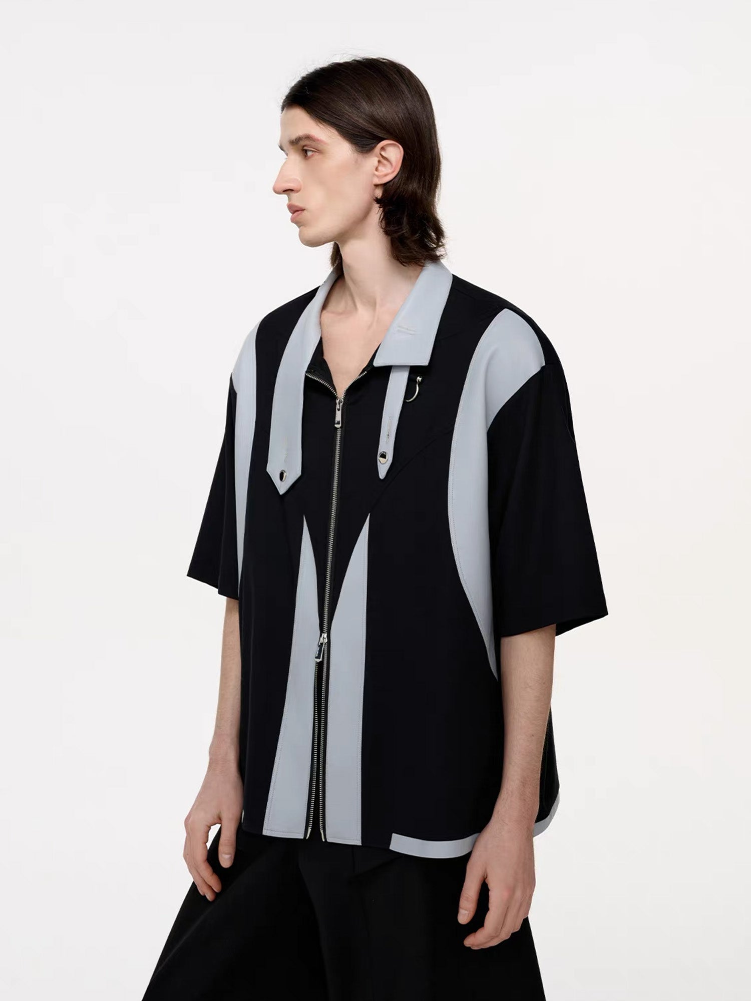 TIWILLTANG Layered-Collar Contrast-Panel Zip-Up Half Shirt-Shorts-S-Free Shipping Leatheretro