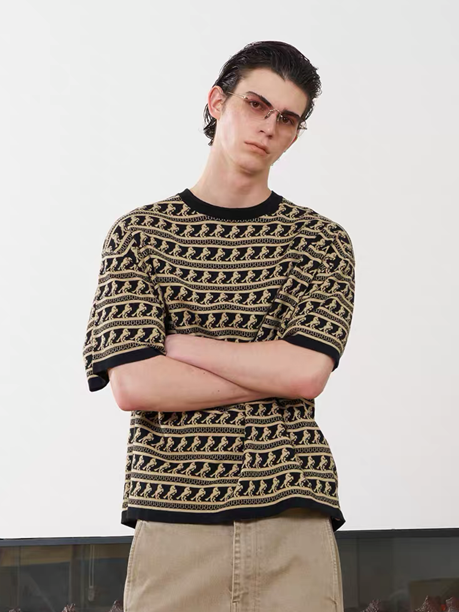 PMW Horse Jacquard Knitted T Shirt-T Shirt-S-Gold-Free Shipping Leatheretro
