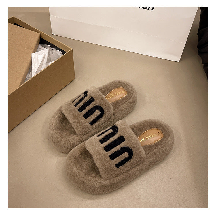 Fashion Women Winter Platform Slippers-winter slipper-Khaki-35-Free Shipping Leatheretro