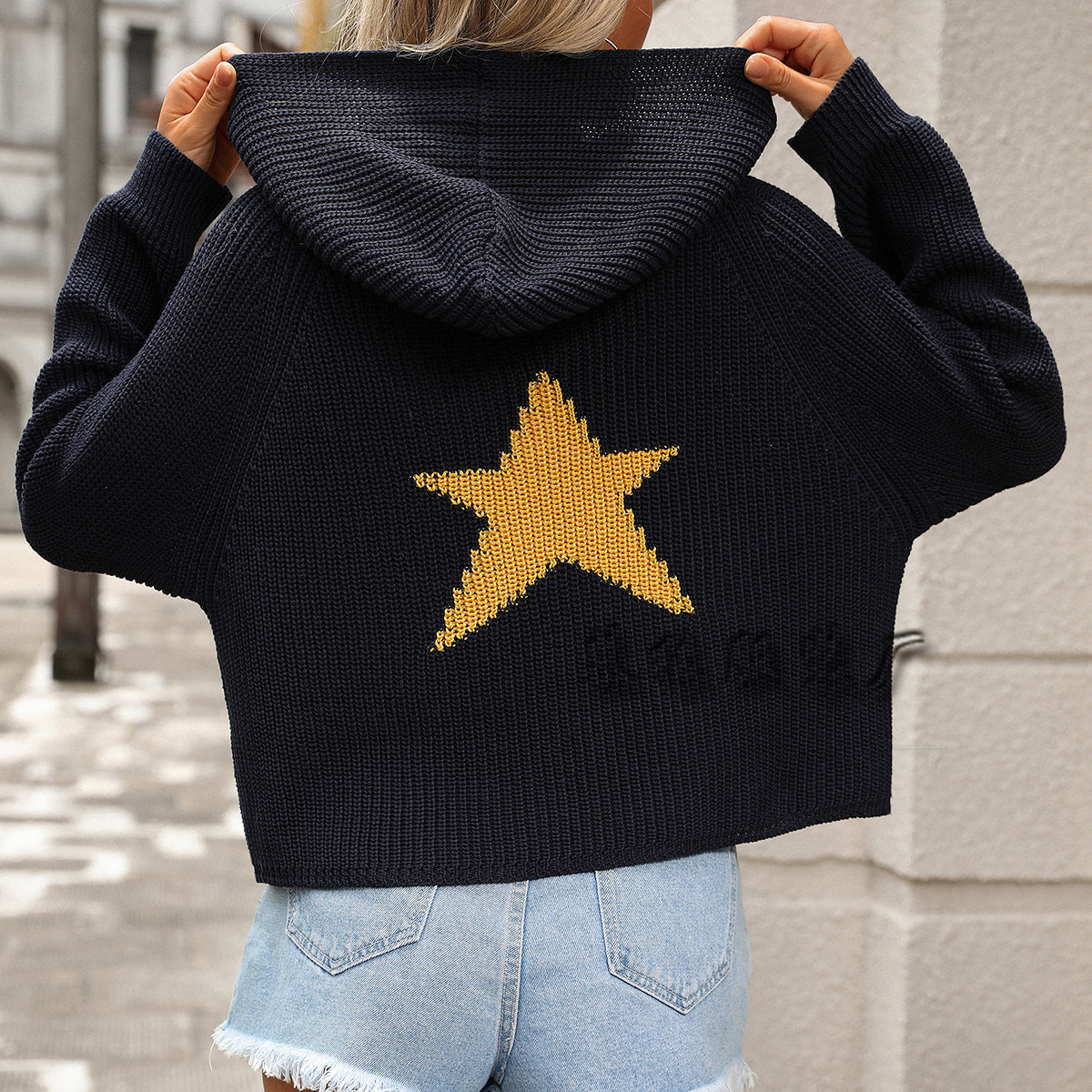 Casual Five Star Print Knitted Long Sleeves Sweaters-Sweater&Hoodies-Navy Blue-S-Free Shipping Leatheretro