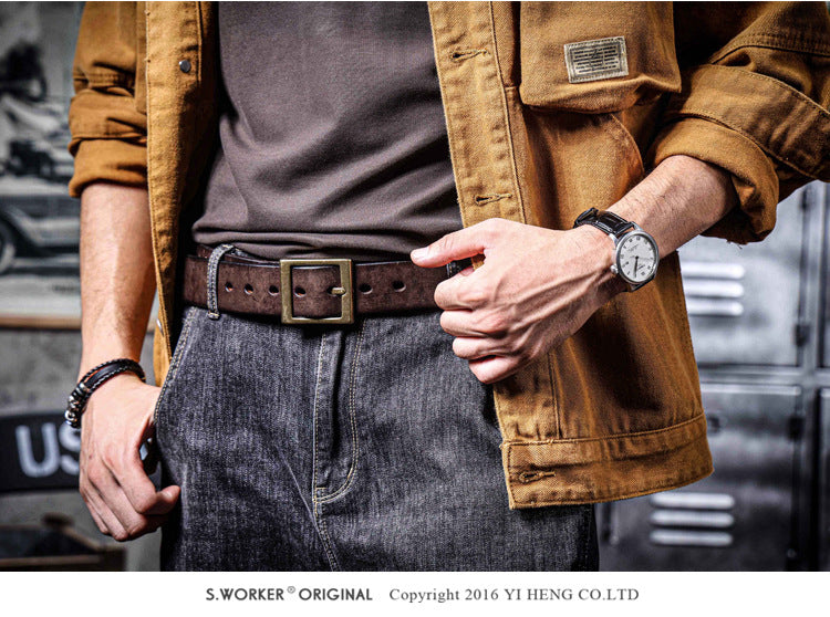 Vintage Men's Genuine Leather Belt Handmade Needle Buckle with Pure Copper Buckle Belt-Leather Belt-Dark Coffee-105cm-Free Shipping Leatheretro