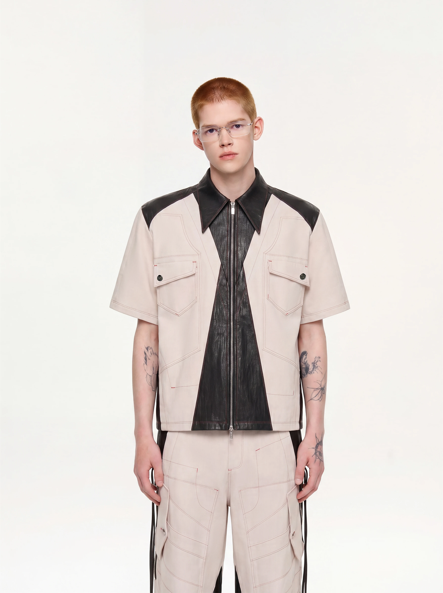 TIWILLTANG Contrast Stitch Paneled Zip-Up Half Shirt-Half shirt-S-Blue-Free Shipping Leatheretro