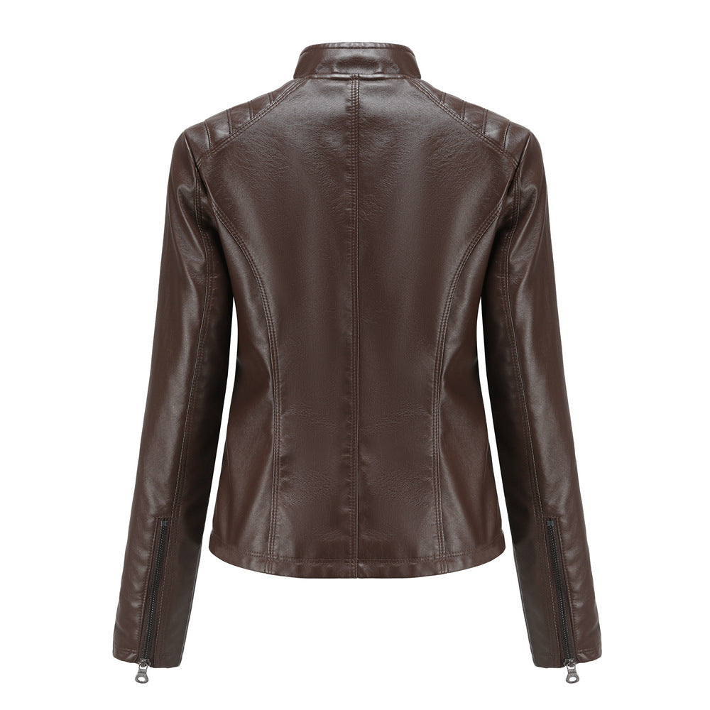 Women Casual Faux Leather Stand Collar Jacket-black-EU(XS)-Free Shipping Leatheretro