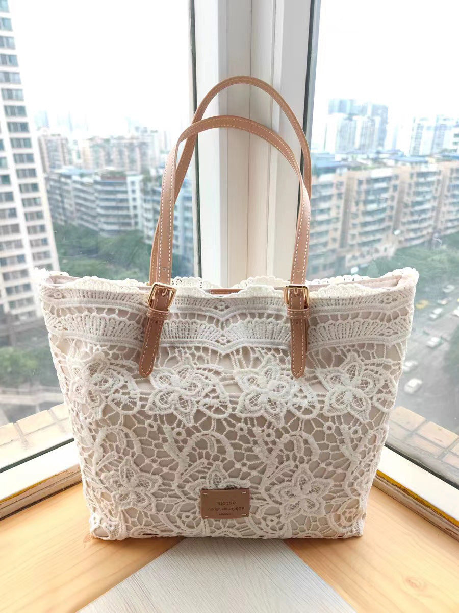 Women's Summer Beach Tote Bag – Large Capacity French Boho Lace Shoulder Bag-米白色-Free Shipping Leatheretro