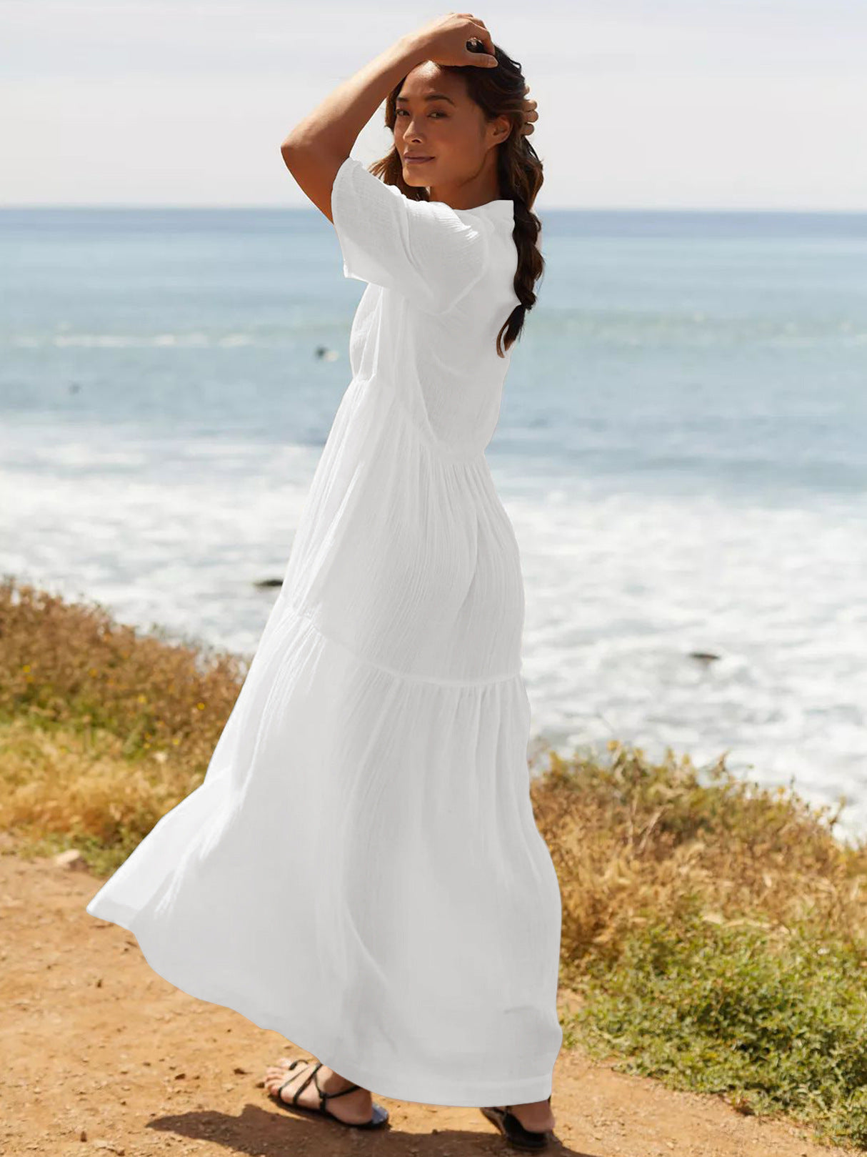 Summer V Neck Long Maxi Dresses-Dresses-White-S-Free Shipping Leatheretro