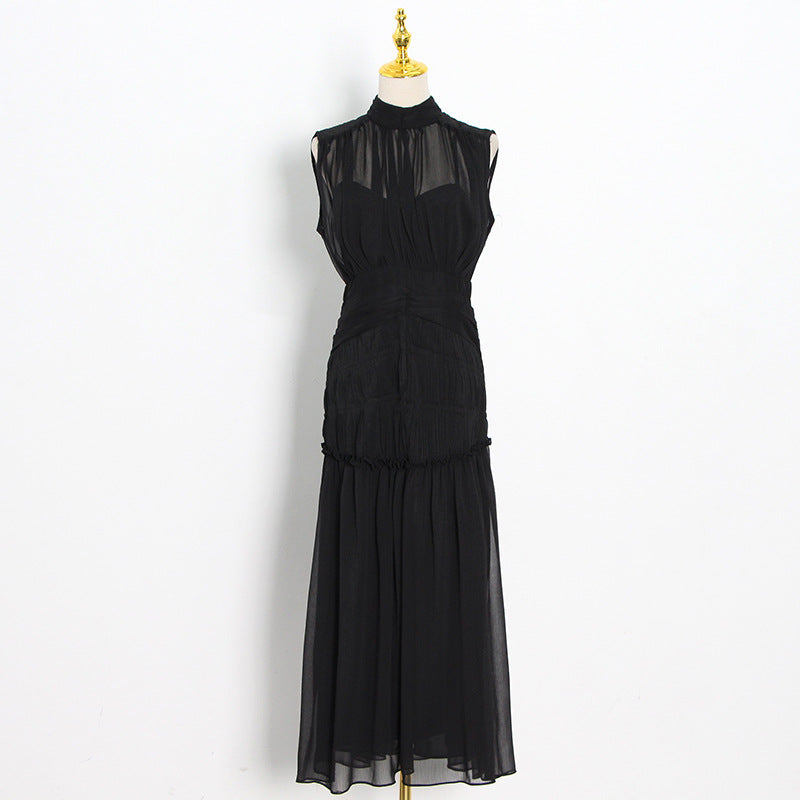 Sexy Chiffon Stand Collar Long Maxi Dresses-Dresses-Black-S-Free Shipping Leatheretro
