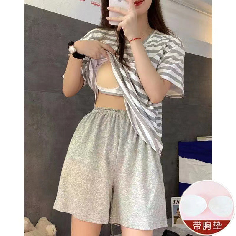 Casual Striped Summer Short Sleeves Shirts & Shorts Homewear-Sleepwear & Loungewear-A-M-L-Free Shipping Leatheretro