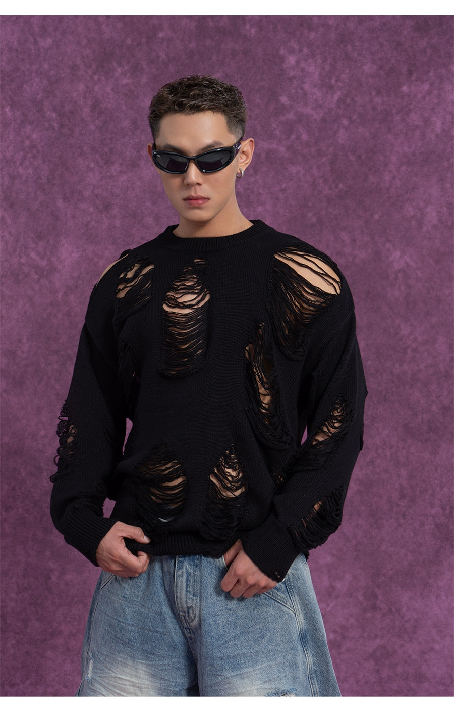 CLP Unisex Distressed Knit Sweater-Black-S-Free Shipping Leatheretro