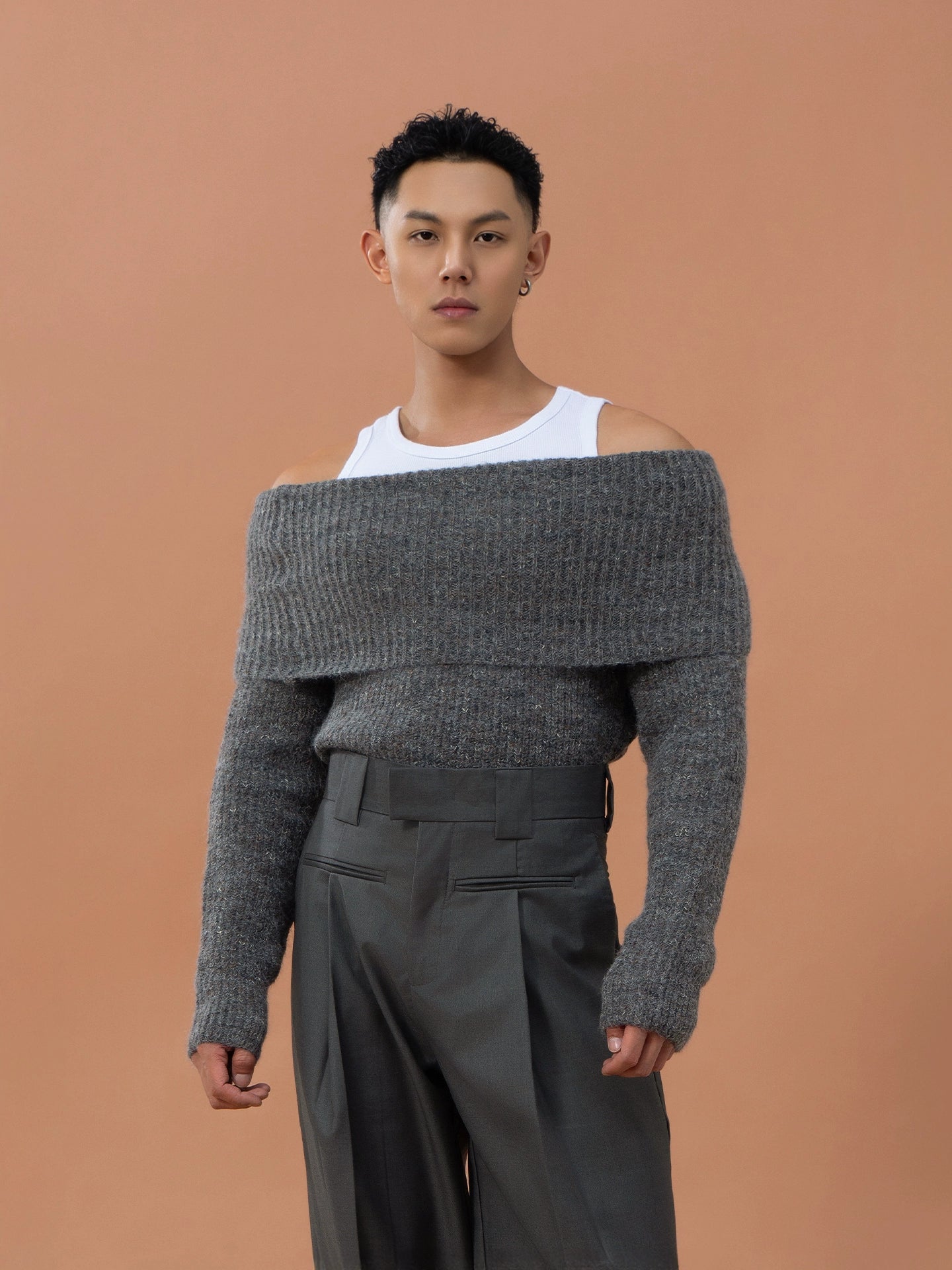 CLP Grey Off-Shoulder Wool Sweater | Relaxed Fit Ribbed Knit-Sweater-Gray-S-Free Shipping Leatheretro