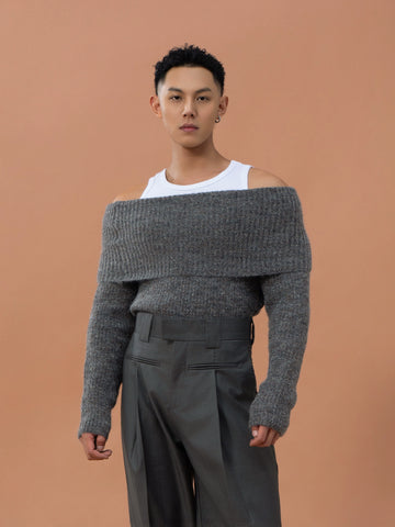 CLP Grey Off-Shoulder Wool Sweater | Relaxed Fit Ribbed Knit-Sweater-Gray-S-Free Shipping Leatheretro