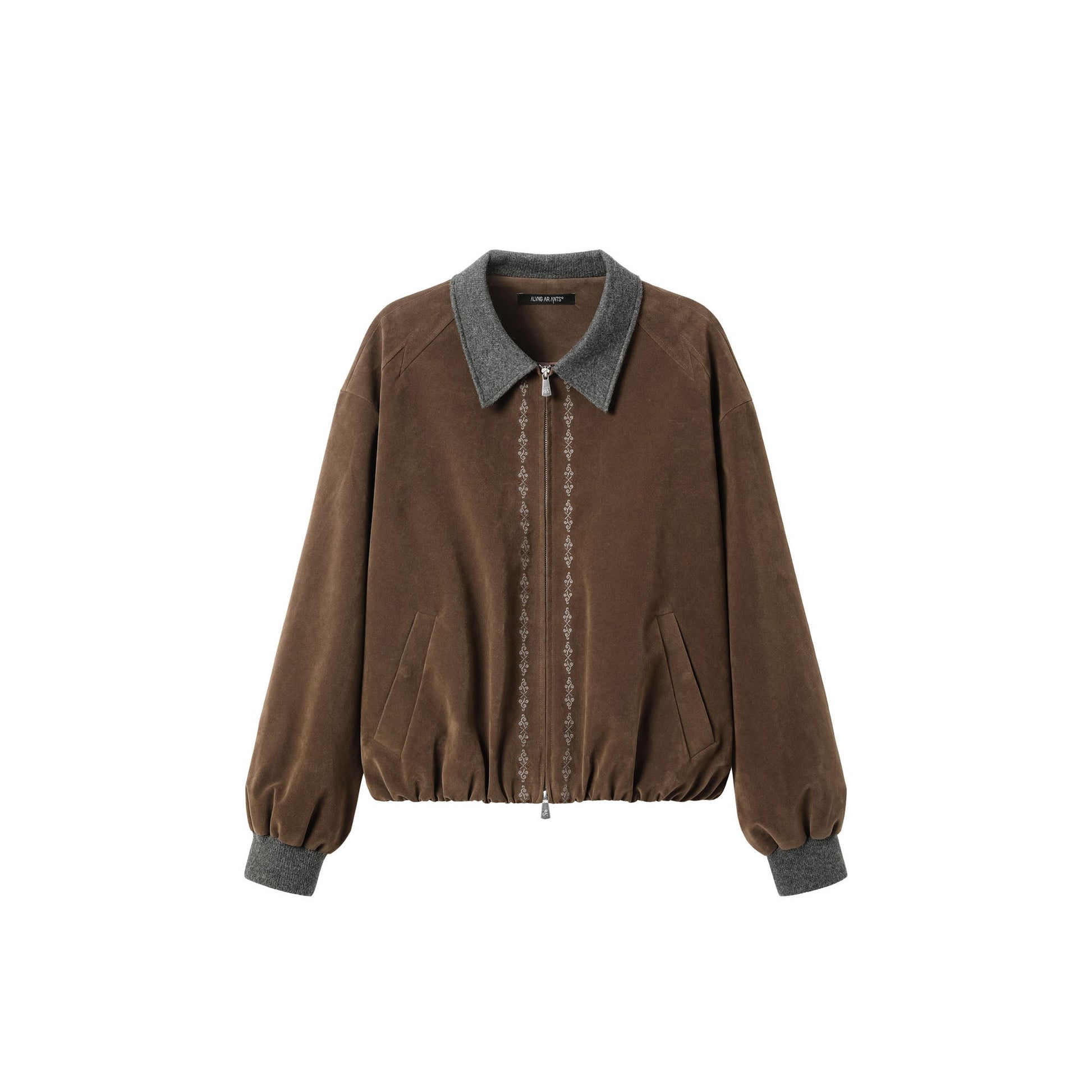 ALVNG AR ANTS Contrast Collar Totem Embroidered Jacket-Jacket-S-Brown-Free Shipping Leatheretro