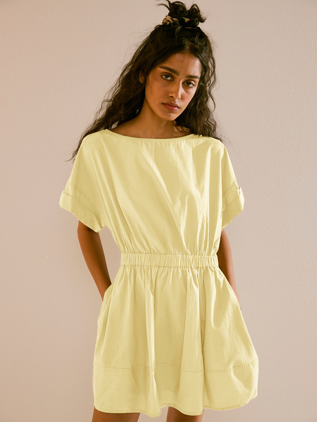 Summer Elastic Waist Short Vacation Dresses-Dresses-Light Yellow-S-Free Shipping Leatheretro