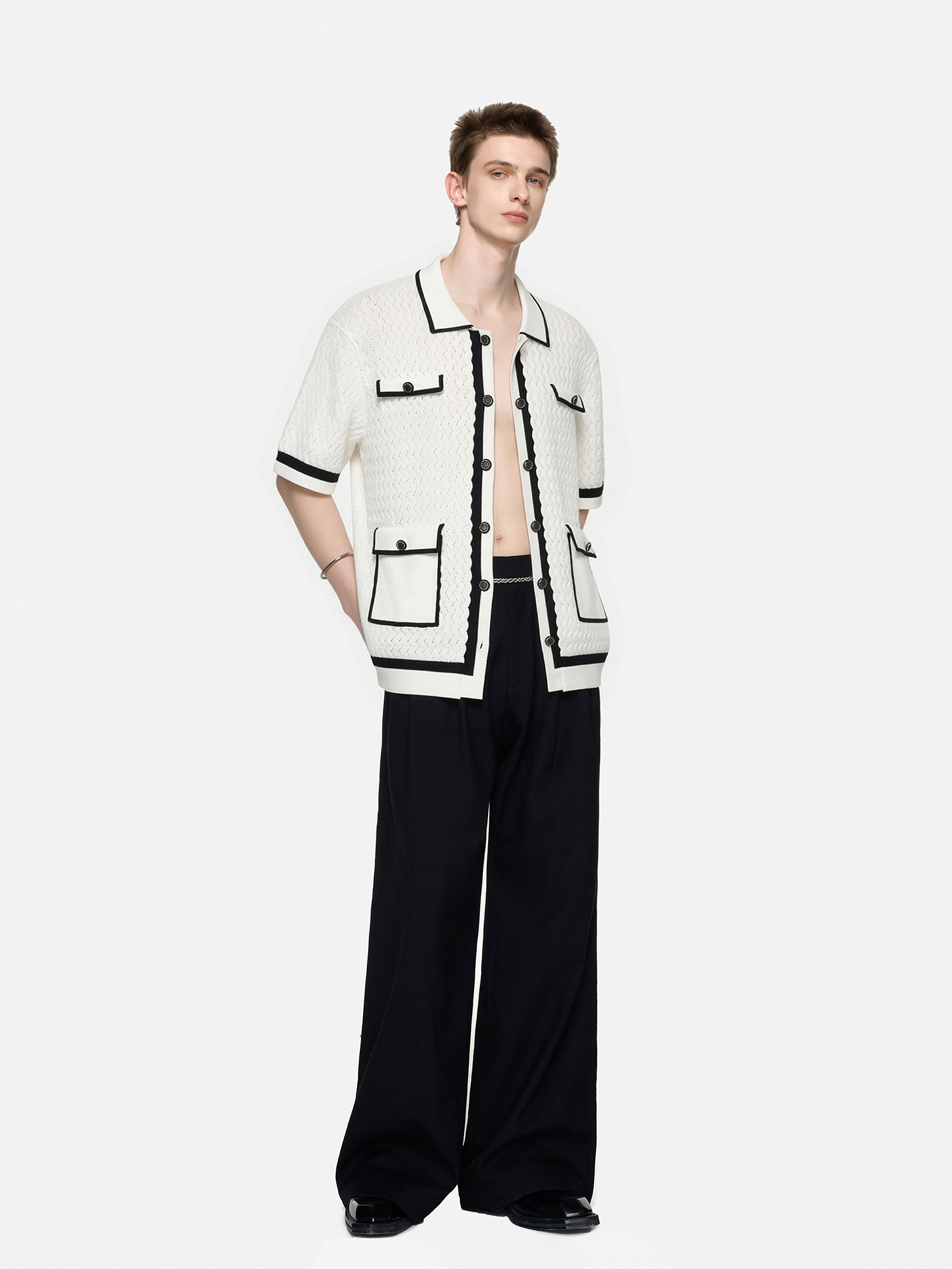 TIWILLTANG Contrast Trim Knitted Half Shirt-Half shirt-S-Black-Free Shipping Leatheretro