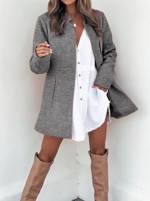 Fashion Long Sleeves Wool Overcoat with Pockets-Coats & Jackets-Gray-S-Free Shipping Leatheretro