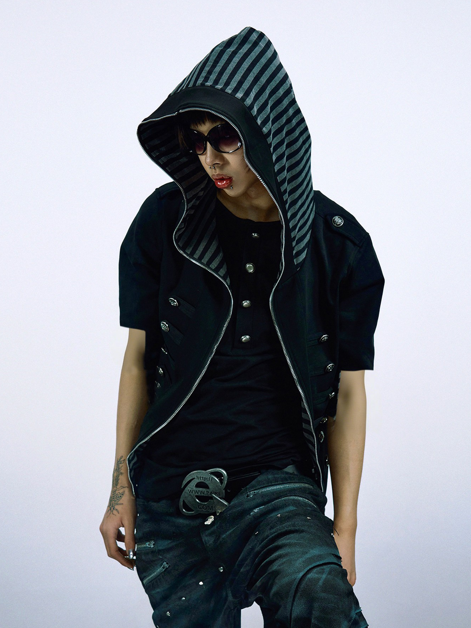 PAIKI Napoleon Button Hooded Short-Sleeve Jacket-T Shirt-S-Free Shipping Leatheretro