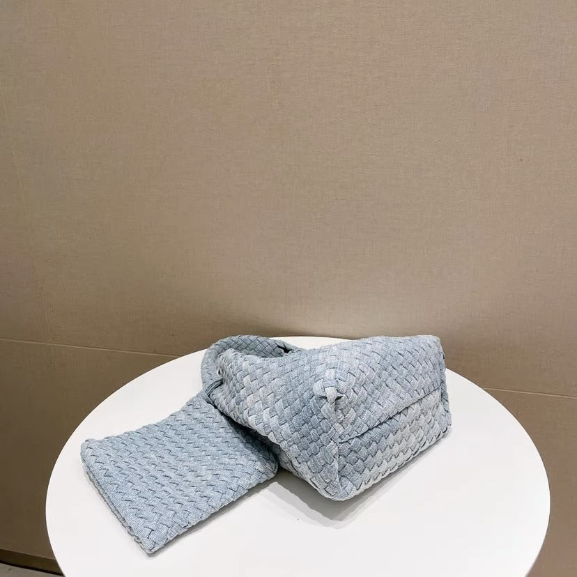 Stylish Canvas & Denim Woven Bucket Bag for Women-Light Blue 23cm-Free Shipping Leatheretro