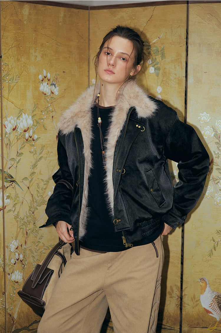 KREATE Harrington-Style PU Leather Jacket with Long Fur Collar-Ivory-S-Free Shipping Leatheretro