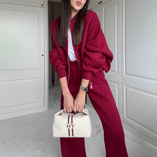 Fashion Women Spring Hoodies and Pants-suits-Wine Red-S-Free Shipping Leatheretro