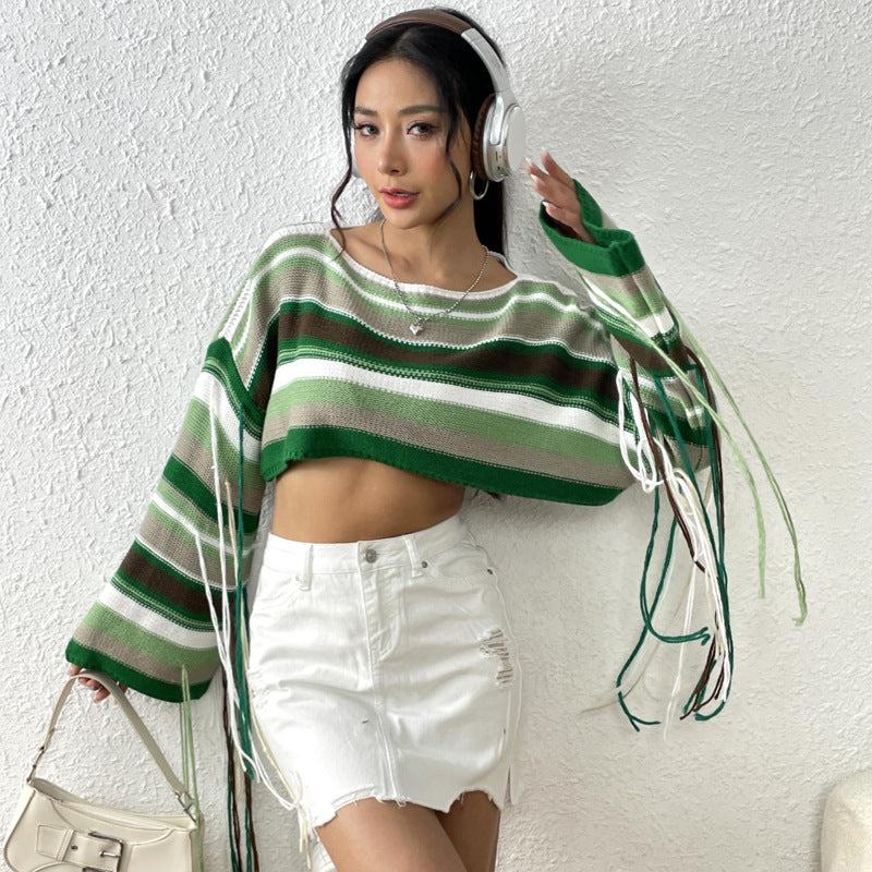 Sexy Rainbow Striped Tassels Short Knitted Blouses-Shirts & Tops-C-S-Free Shipping Leatheretro