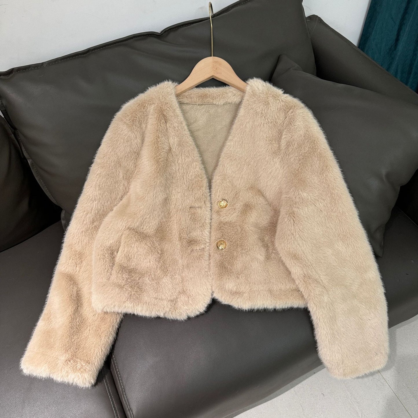 Fashion V Neck Faux Fur Short Coats-Coats & Jackets-Apricot-One Size-Free Shipping Leatheretro