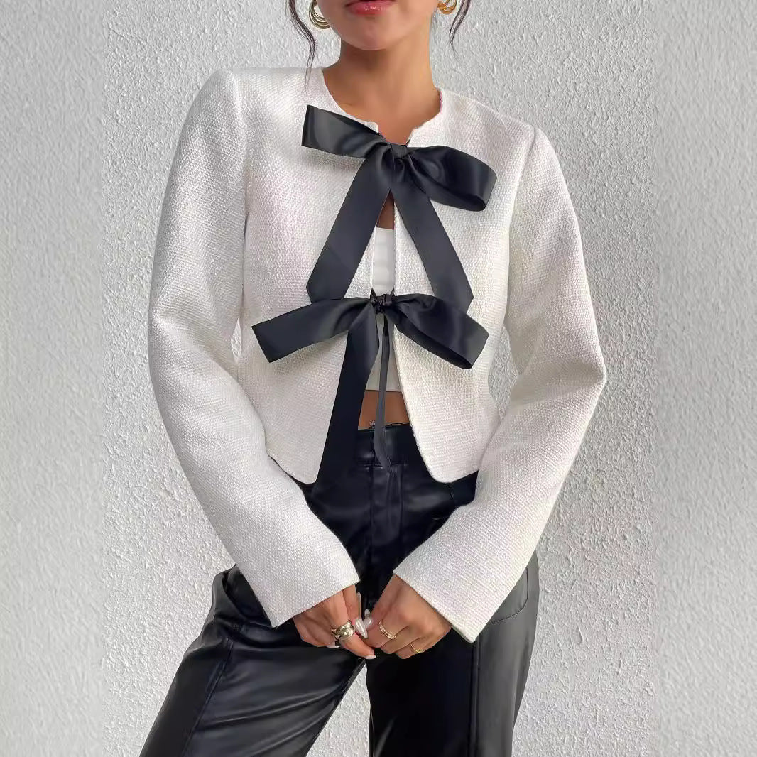 Fashion Irregular Bow Long Sleeves Blazers-Outerwear-White-S-Free Shipping Leatheretro