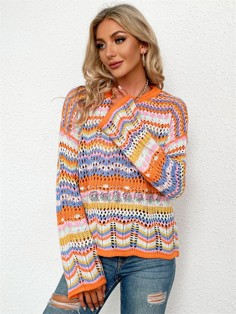 Casual Bohemian Striped Knitted Sweaters-Sweater&Hoodies-Green-S-Free Shipping Leatheretro