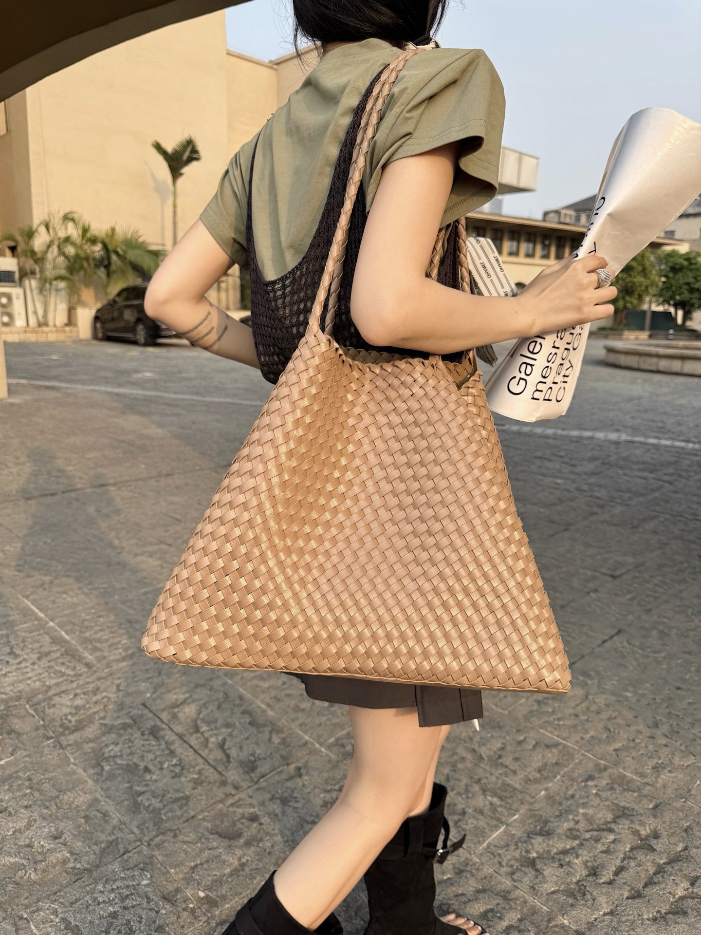 Handwoven Tote Bag – Large Capacity Genuine Leather Shoulder Bag-Green-Free Shipping Leatheretro