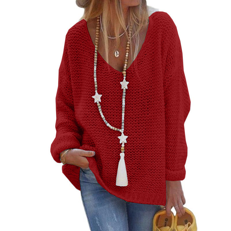 Casual V Neck Knitted Women Sweaters-Sweater&Hoodies-Red-S-Free Shipping Leatheretro