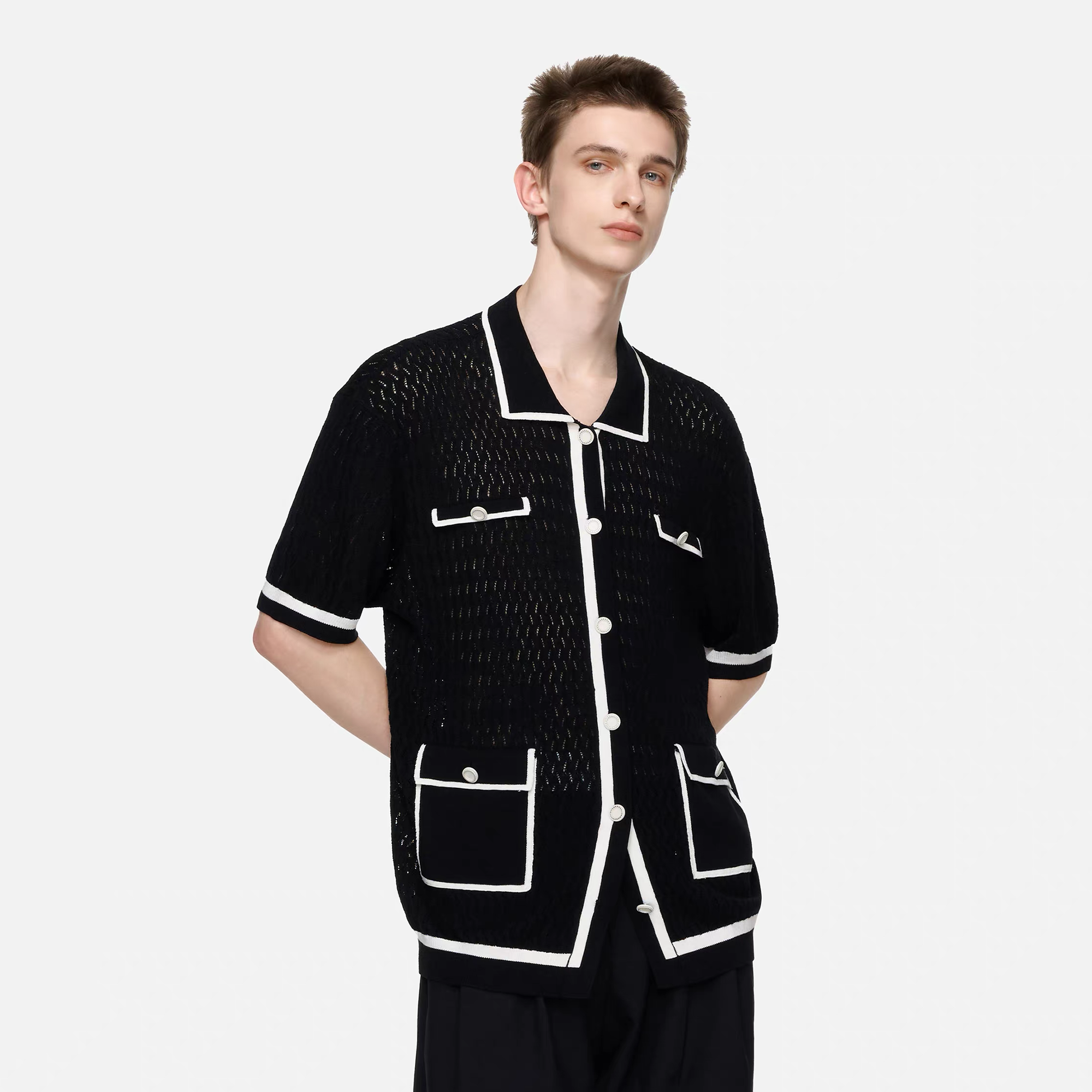 TIWILLTANG Contrast Trim Knitted Half Shirt-Half shirt-S-Black-Free Shipping Leatheretro