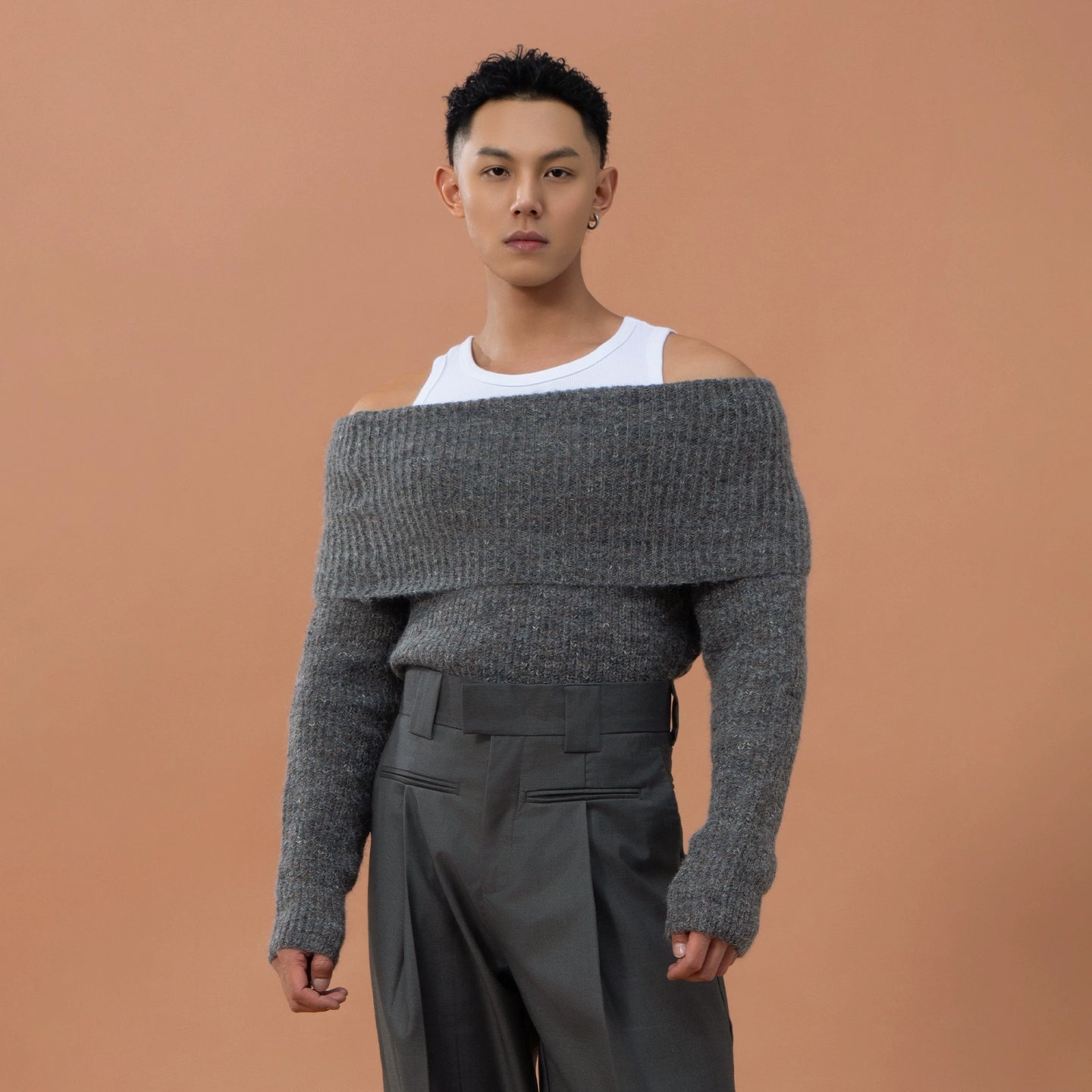 CLP Grey Off-Shoulder Wool Sweater | Relaxed Fit Ribbed Knit-Sweater-Gray-S-Free Shipping Leatheretro