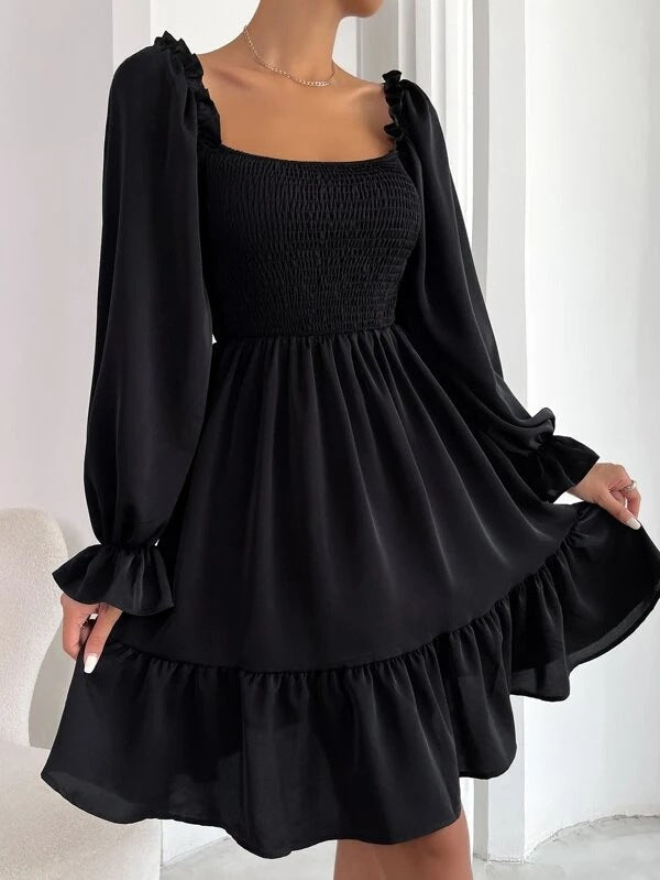 Elegant Square Neckline Long Sleeves Short Dresses-Dresses-Black-S-Free Shipping Leatheretro