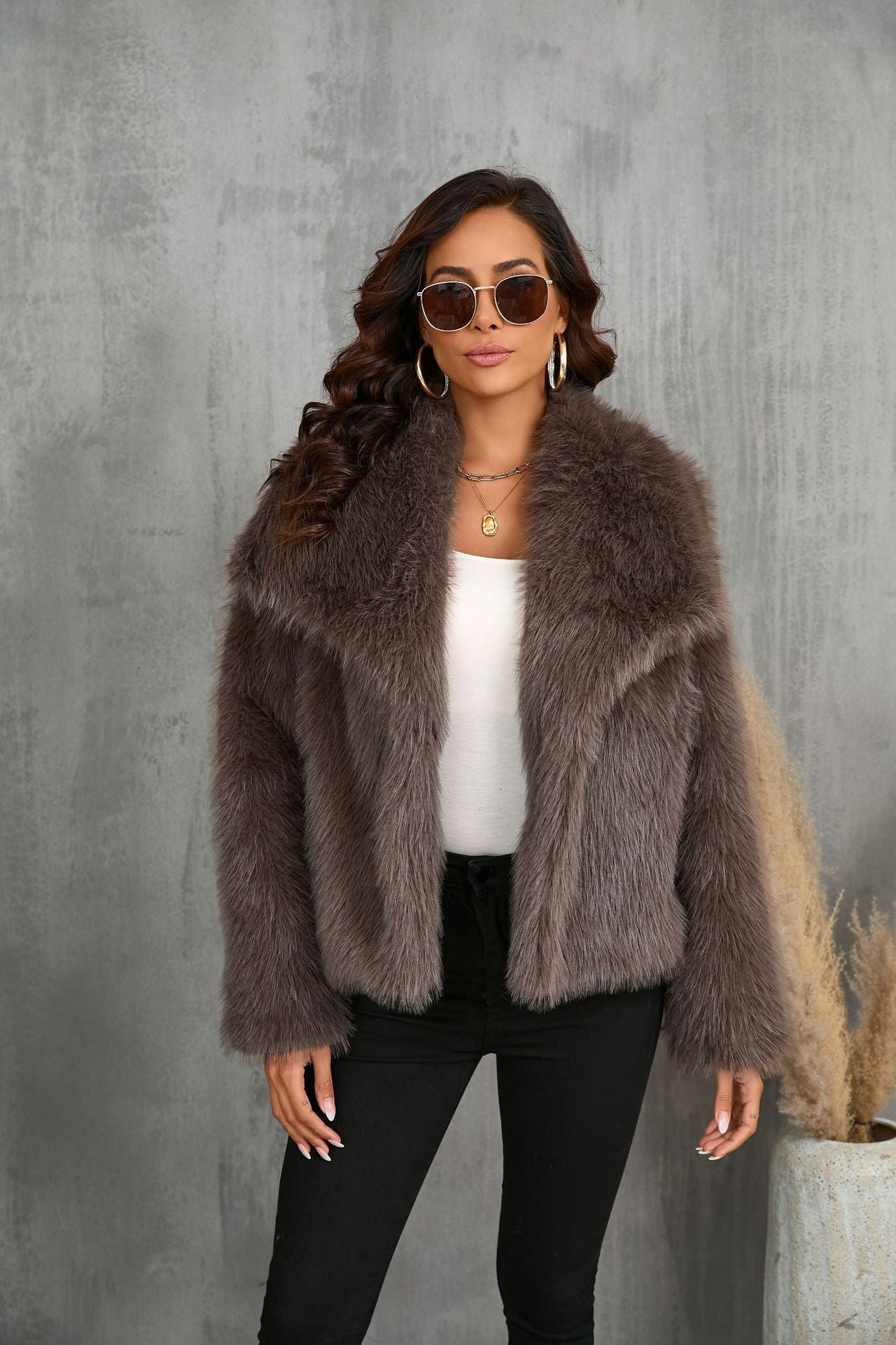 Women Faux Fur Short Overcoats-Coats & Jackets-Coffee-XS-Free Shipping Leatheretro