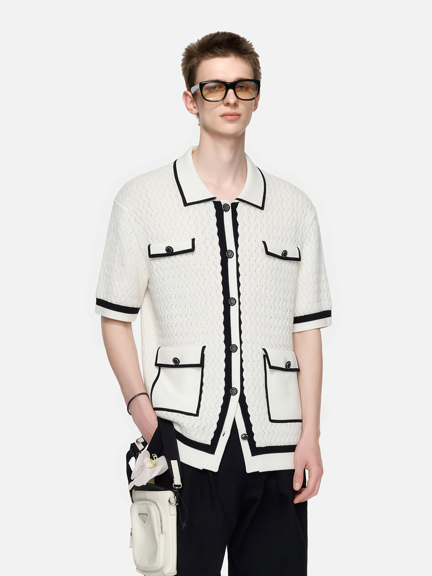 TIWILLTANG Contrast Trim Knitted Half Shirt-Half shirt-S-Black-Free Shipping Leatheretro