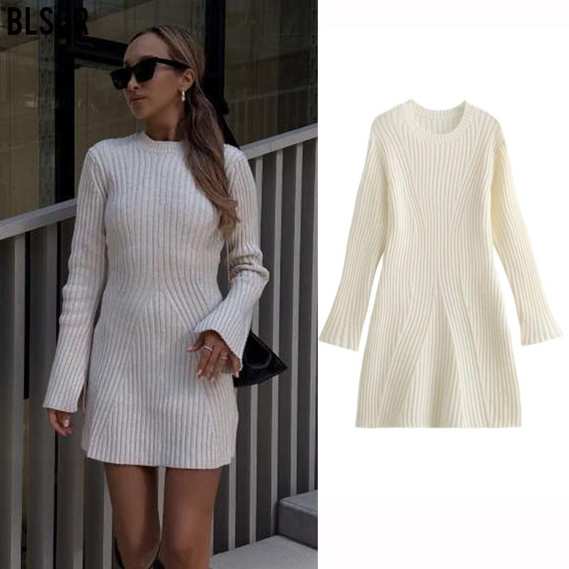 Fashion Long Sleeves Short Knitted Dresses-Dresses-Off the White-S-Free Shipping Leatheretro