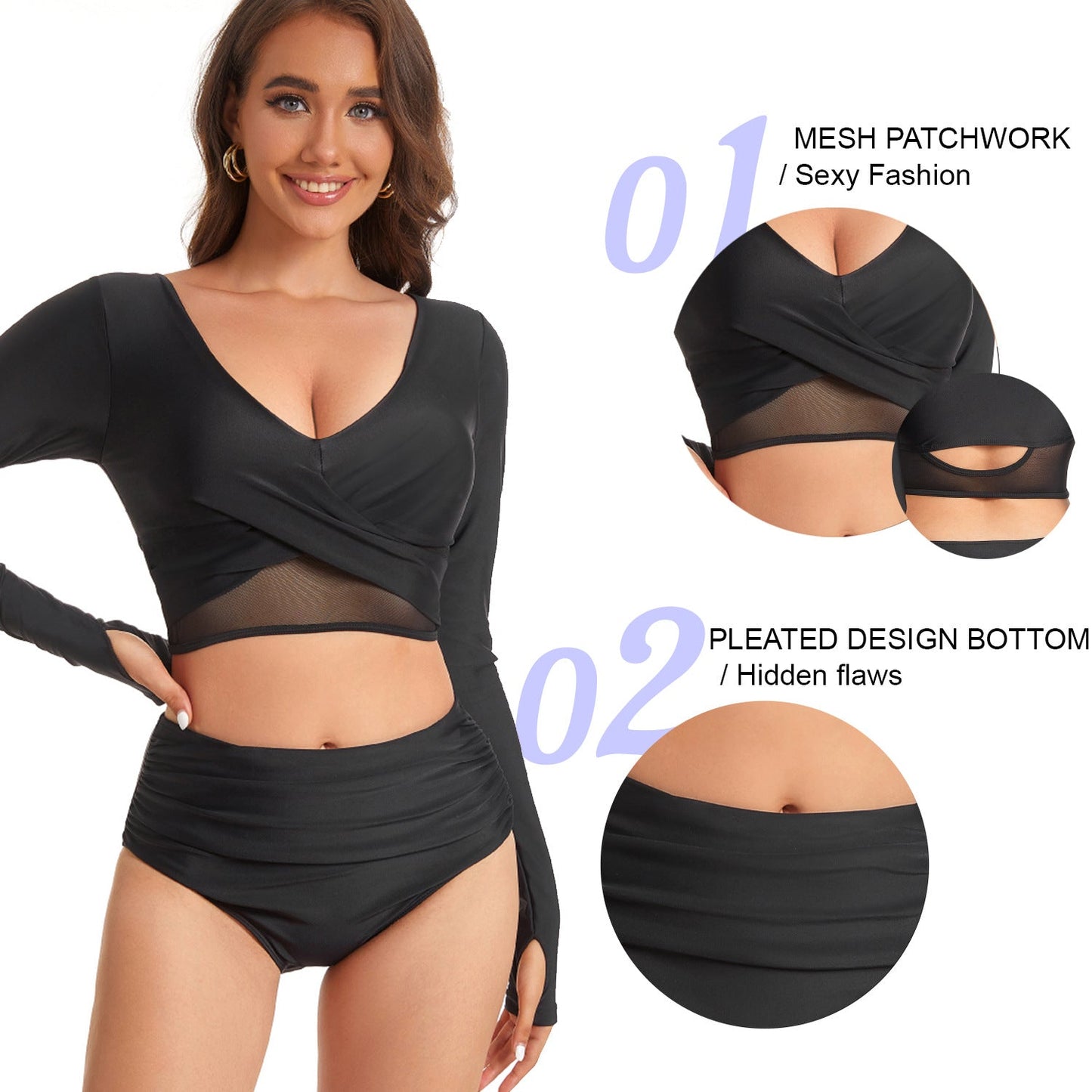 Sexy Long Sleeves Surfing Women Swimsuits-Black-XS-Free Shipping Leatheretro